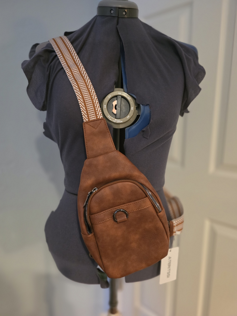 Amazon Brown Faux Leather Crossbody Sling Bag with Patterned Strap